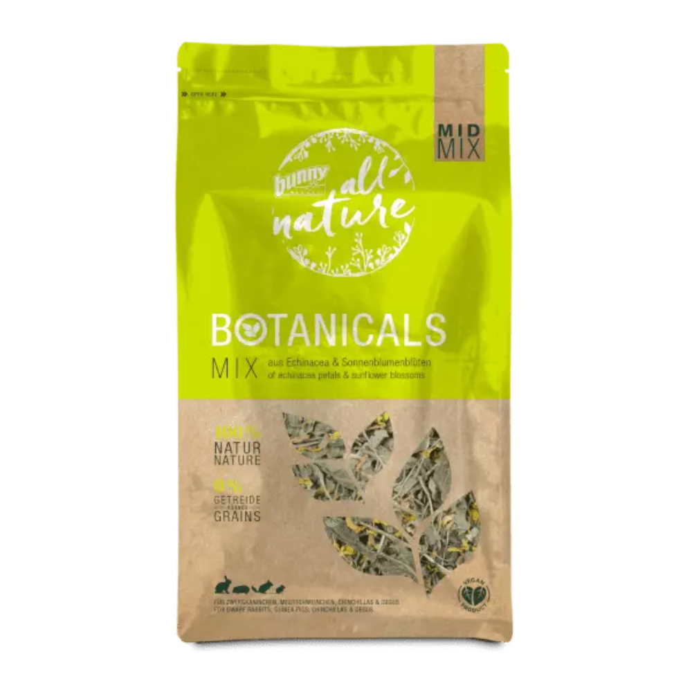 Botanicals -Pétalas de equinácea e flores de girassol - Bunny Embalagem verde e castanho claro de mistura botânica para animais com recortes em forma de folhas