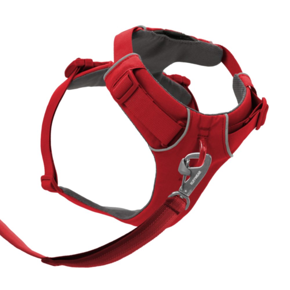 Front Range® Dog Harness - Red Canyon - Ruffwear Peitoral para cão vermelho com interior cinzento e argola metálica.