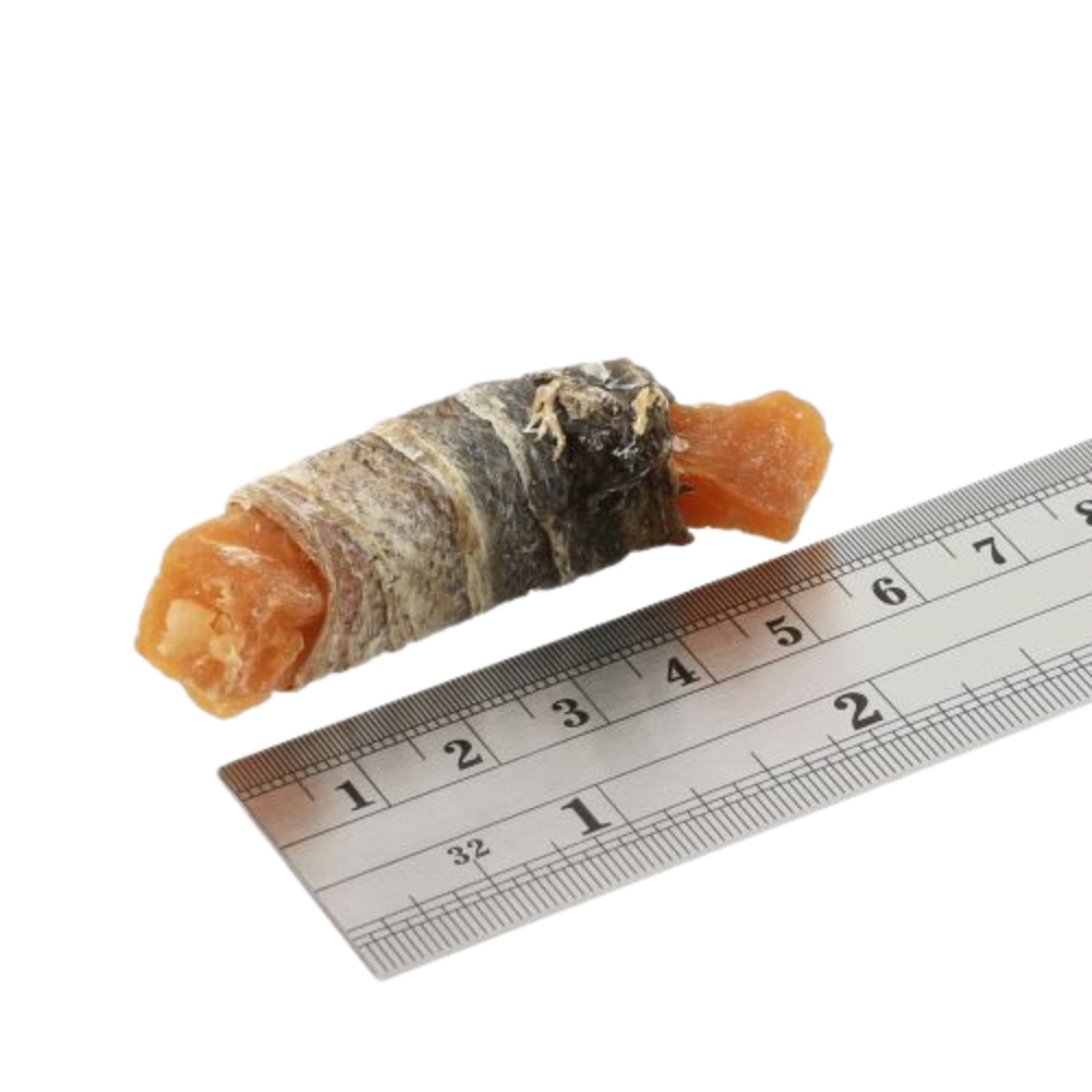 Batata Doce Fish Wraps - 100g Petisco para cães com pele de peixe enrolada e pedaço laranja ao lado de régua