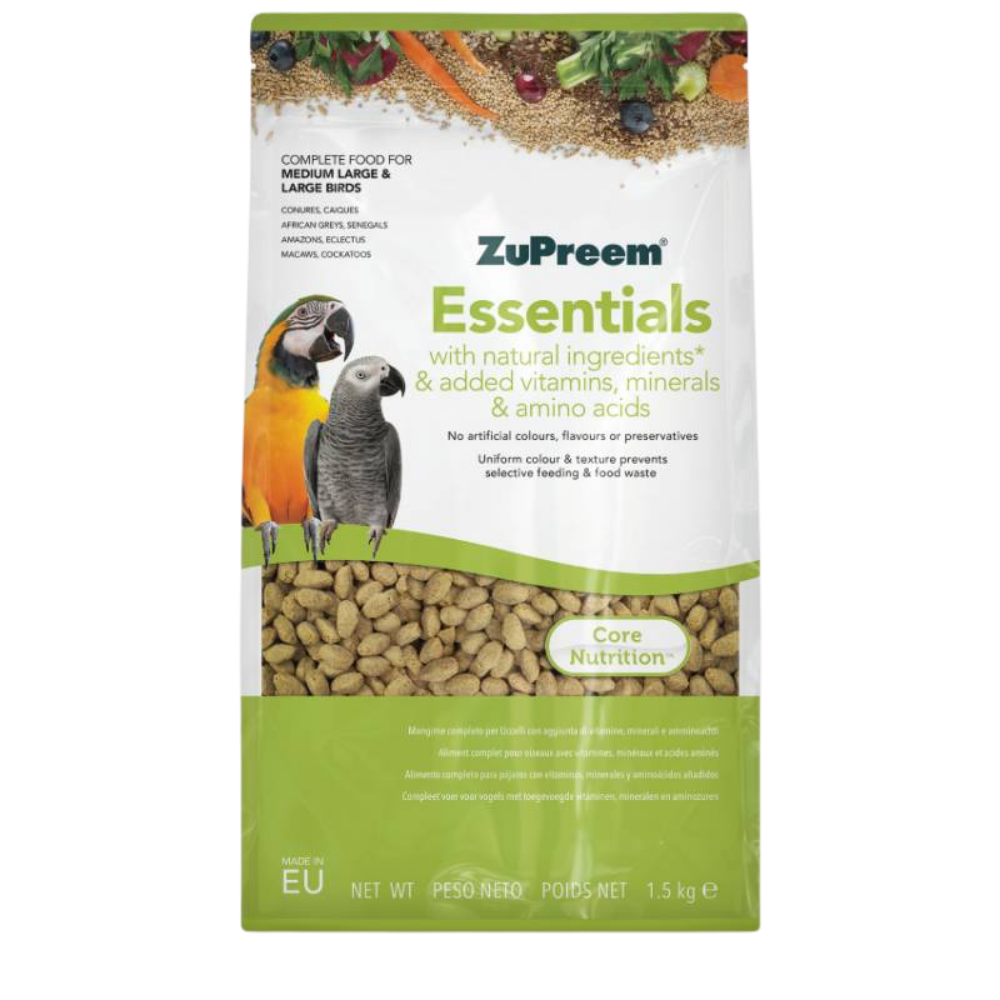 Zupreem Essentials - Medium/Large birds - aves grandes e médio/grandes Embalagem verde e branca de alimento para aves com imagem de papagaios e texto em inglês