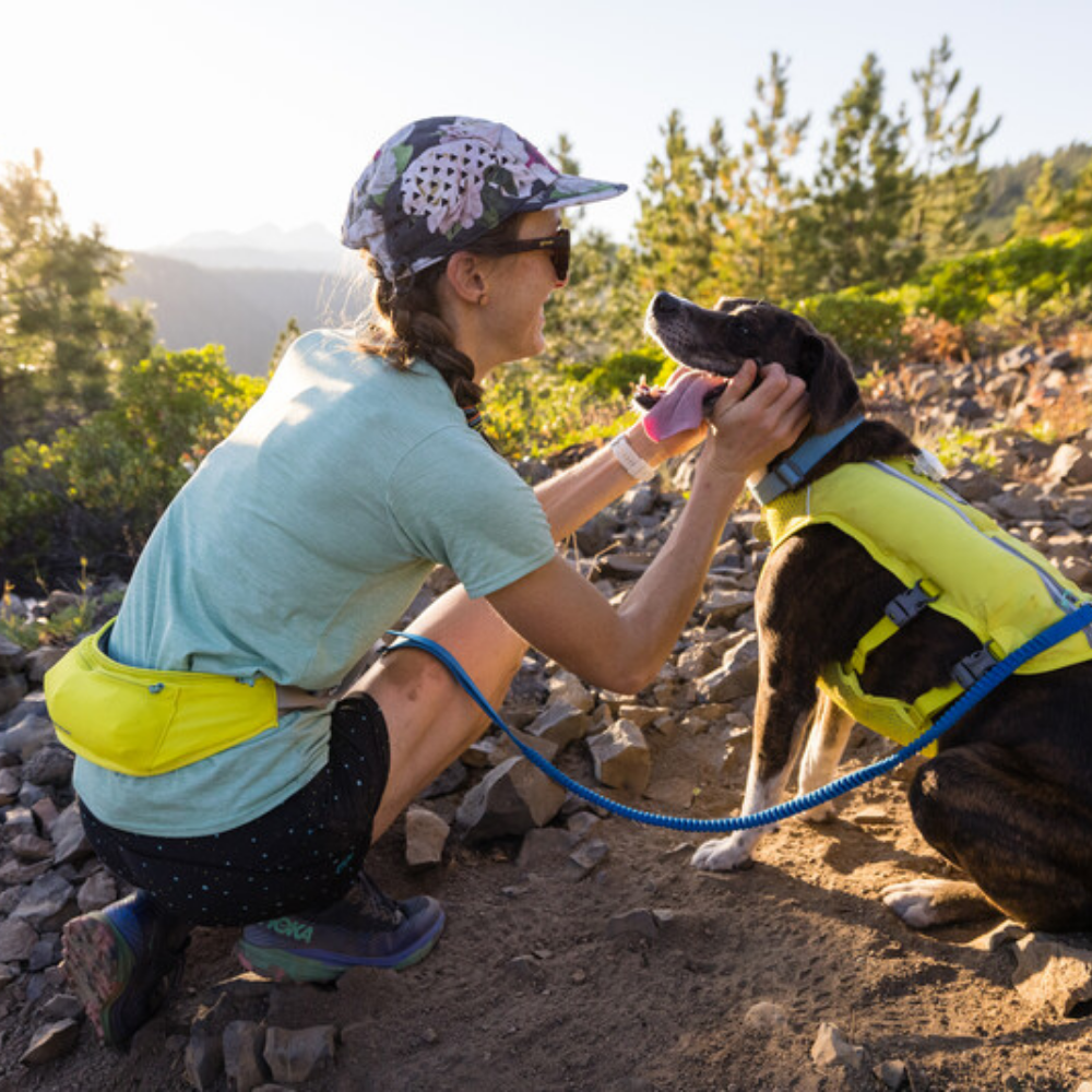 Trail Runner™ Running Belt - Lichen Green Pessoa com boné e mochila de cintura amarela junto a cão com colete salva-vidas amarelo em ambiente rochoso