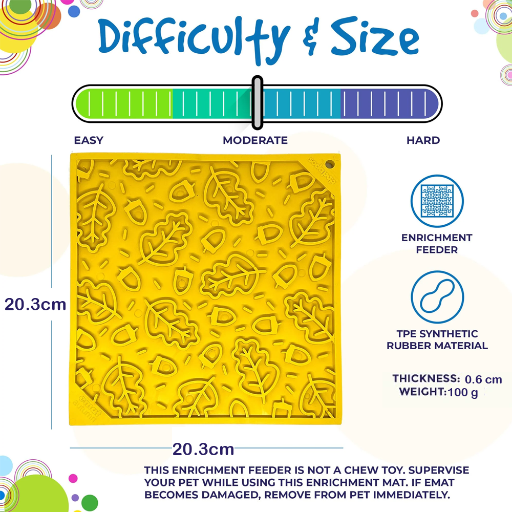 Tapete para Lamber Outono eMat LickMat Tapete amarelo de enriquecimento para animais com relevo de folhas e texto informativo