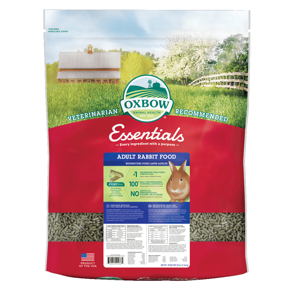 Oxbow Coelho Adulto Pacote verde e vermelho de ração OXBOW Essentials para coelhos adultos com imagem de campo e casa