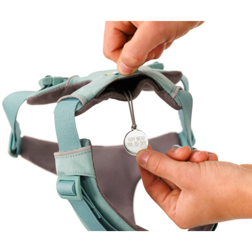 Front Range® Dog Harness - River Rock Green - Ruffwear arnês para cão azul com etiqueta metálica redonda