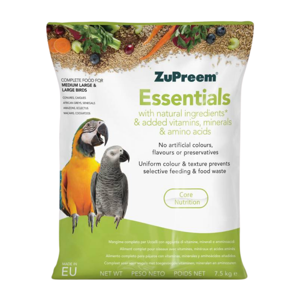 Zupreem Essentials - Medium/Large birds - aves grandes e médio/grandes Pacote de ração ZuPreem Essentials para aves médias e grandes com texto explicativo e imagens de papagaios.