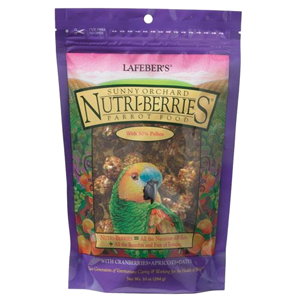 Nutri-Berries Sunny Orchard Papagaio Embalagem de comida para papagaios Nutri-Berries com pellets, frutas e imagem de papagaio verde