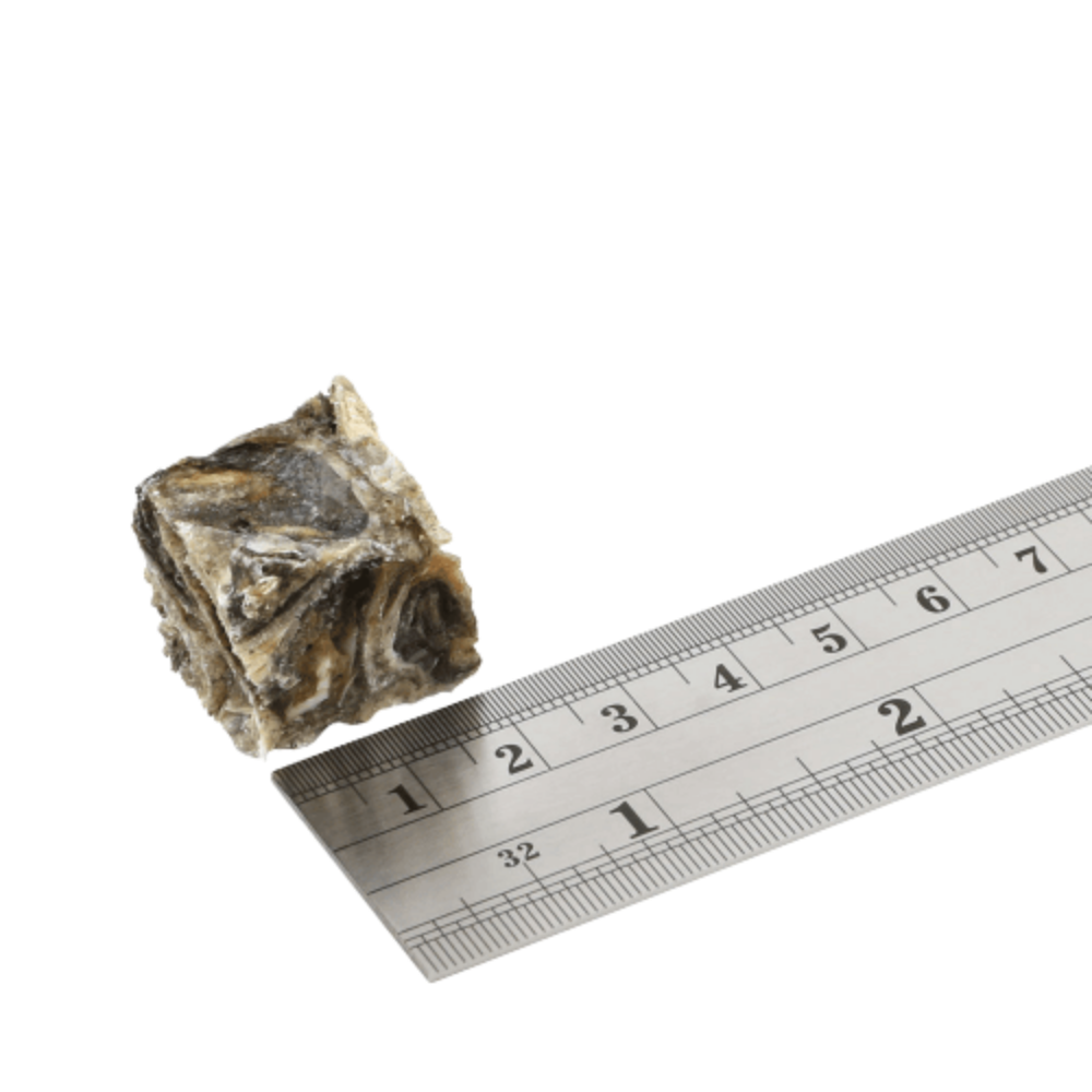 Sea Jerky Fish Tiddlers - Fish4Dogs Pedra mineral cinza e bege ao lado de régua metálica com marcações