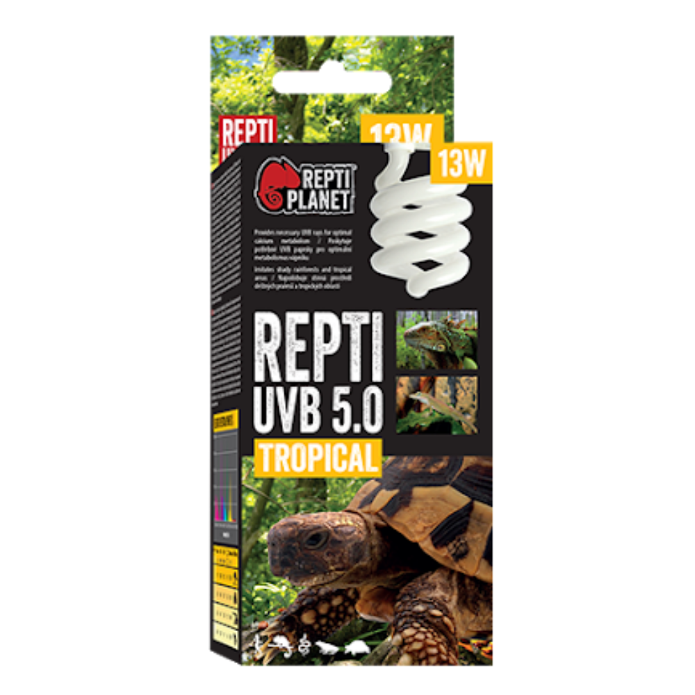 Lâmpada Compacta UVB 5.0 – Repti Planet Lâmpada REPTI PLANET UVB 5.0 Tropical para répteis, embalagem com imagens de tartaruga e camaleão.