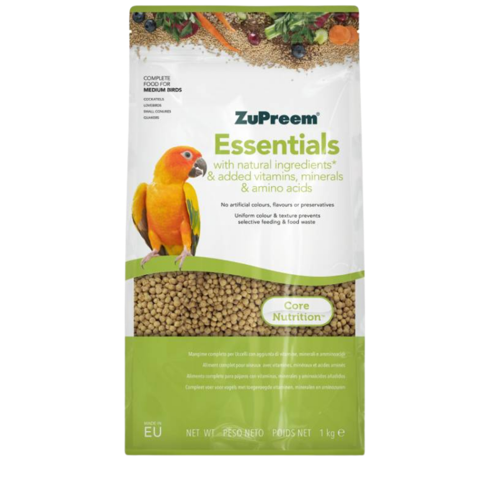 Zupreem Essentials - Medium birds - aves médias Pacote de comida para pássaros ZuPreem Essentials com imagem de papagaio e grãos visíveis