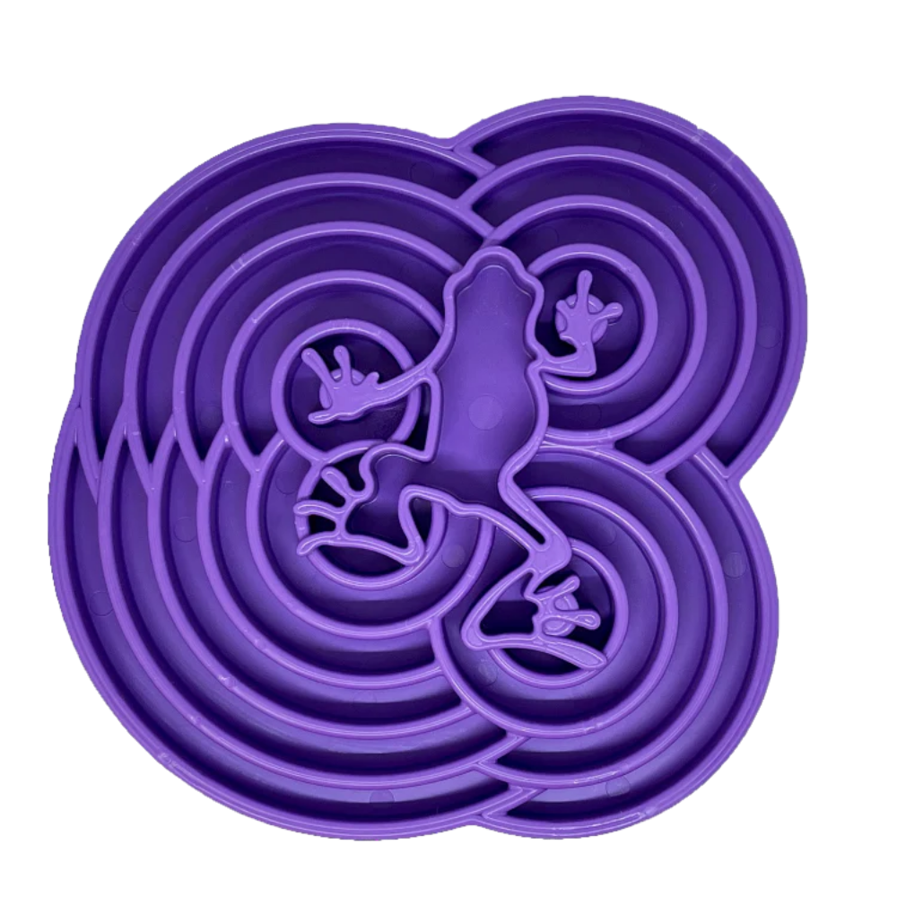 SlowFeeder Water Frog Etray -Sodapup Comedouro ou brinquedo lento para cães em plástico roxo em forma de rã com círculos concêntricos