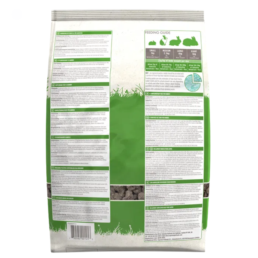 Selective Naturals Botanicals - Coelho Embalagem de ração para coelhos com instruções de alimentação e texto em inglês