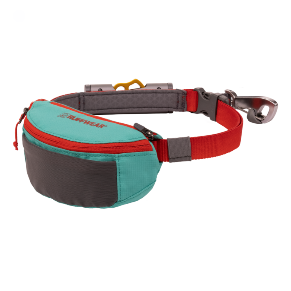 Hitch Hiker™ Leash - Aurora Teal Coleira para cães com bolsa integrada azul turquesa, cinza e vermelho, com gancho metálico prateado