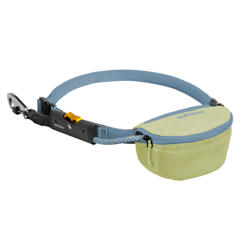 Hitch Hiker™ Leash - Sunny Lime - Ruffwear Coleira azul com bolsa amarela e fecho preto para cães.