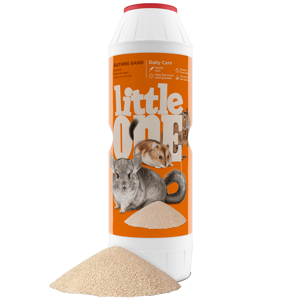 Areia de Banho Little One 1kg Pote branco com tampa vermelha de areia para banho com rótulo laranja e imagens de chinchila e hamster
