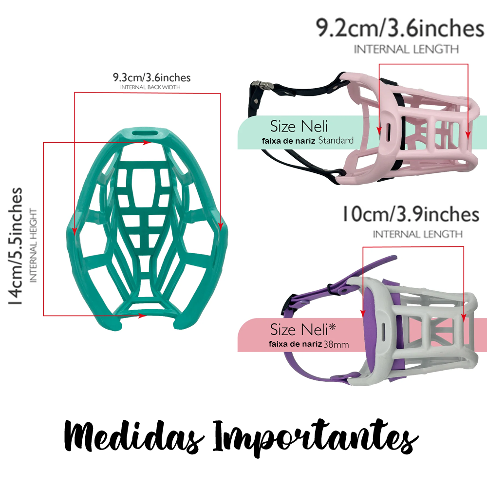 Neli - The Muzzle Movement Três focinheiras coloridas com medidas e textos explicativos sobre tamanhos.