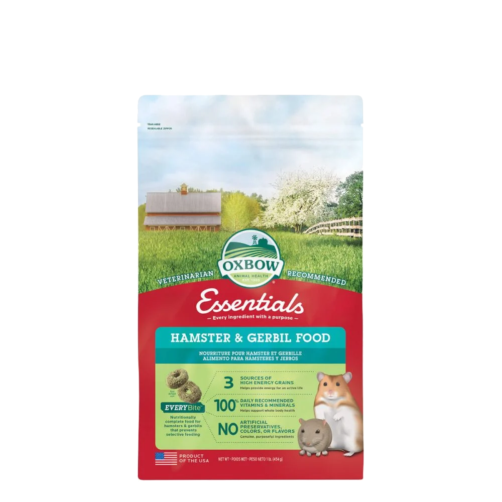 Oxbow Hamsters e Gerbos Embalagem de comida para hamster e gerbil da marca Oxbow com imagens do produto e animais
