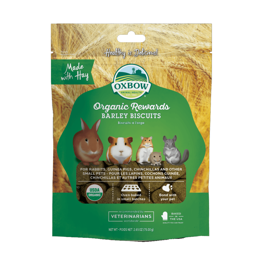 Oxbow Cevada Orgânica Embalagem verde de biscoitos orgânicos para pequenos animais Oxbow com imagens de coelho, porquinho-da-índia, hamster e chinchilha
