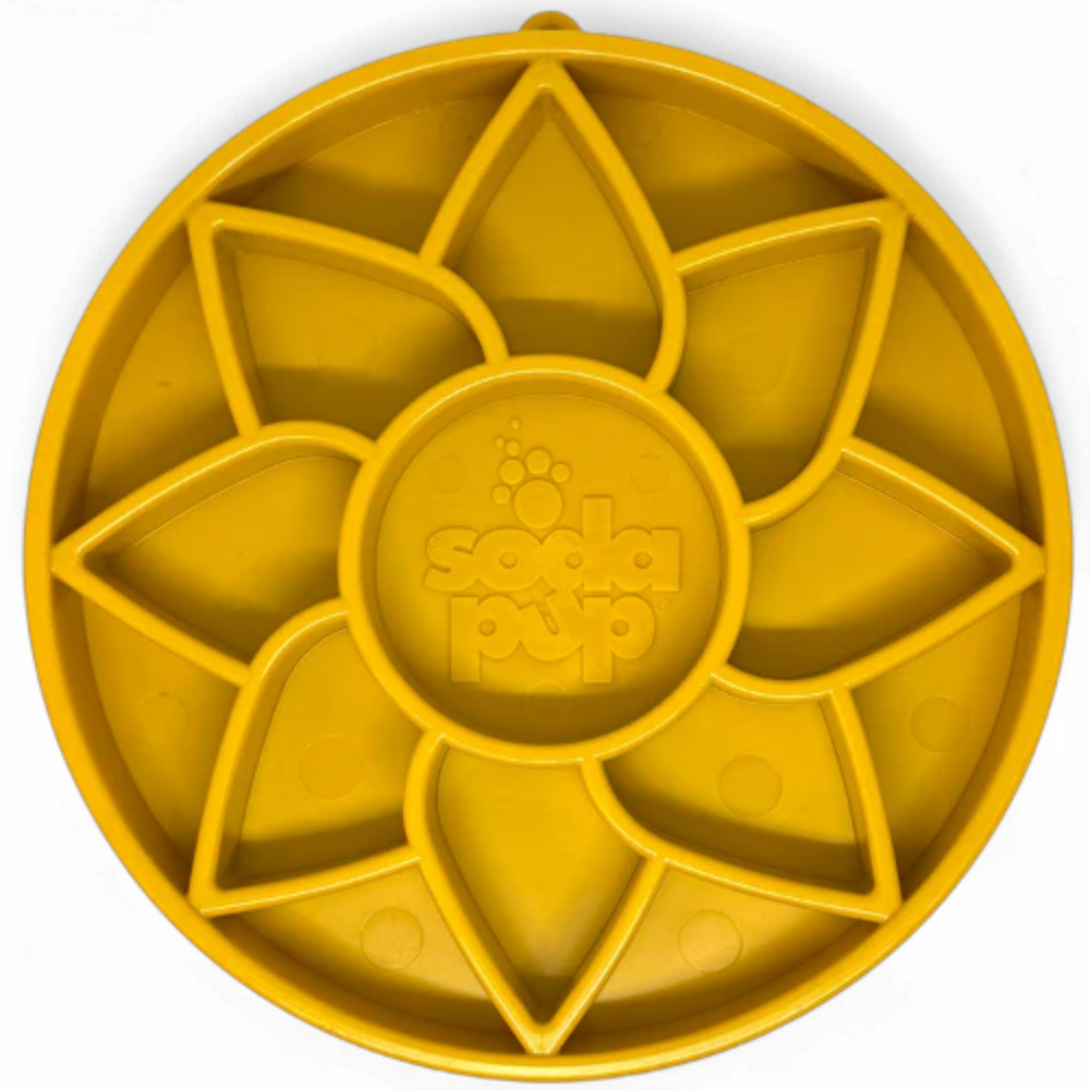 Sunflower Etray -Sodapup - Slowfeeder Pote de alimentação amarelo para animais com divisórias e texto Soda Pup no centro