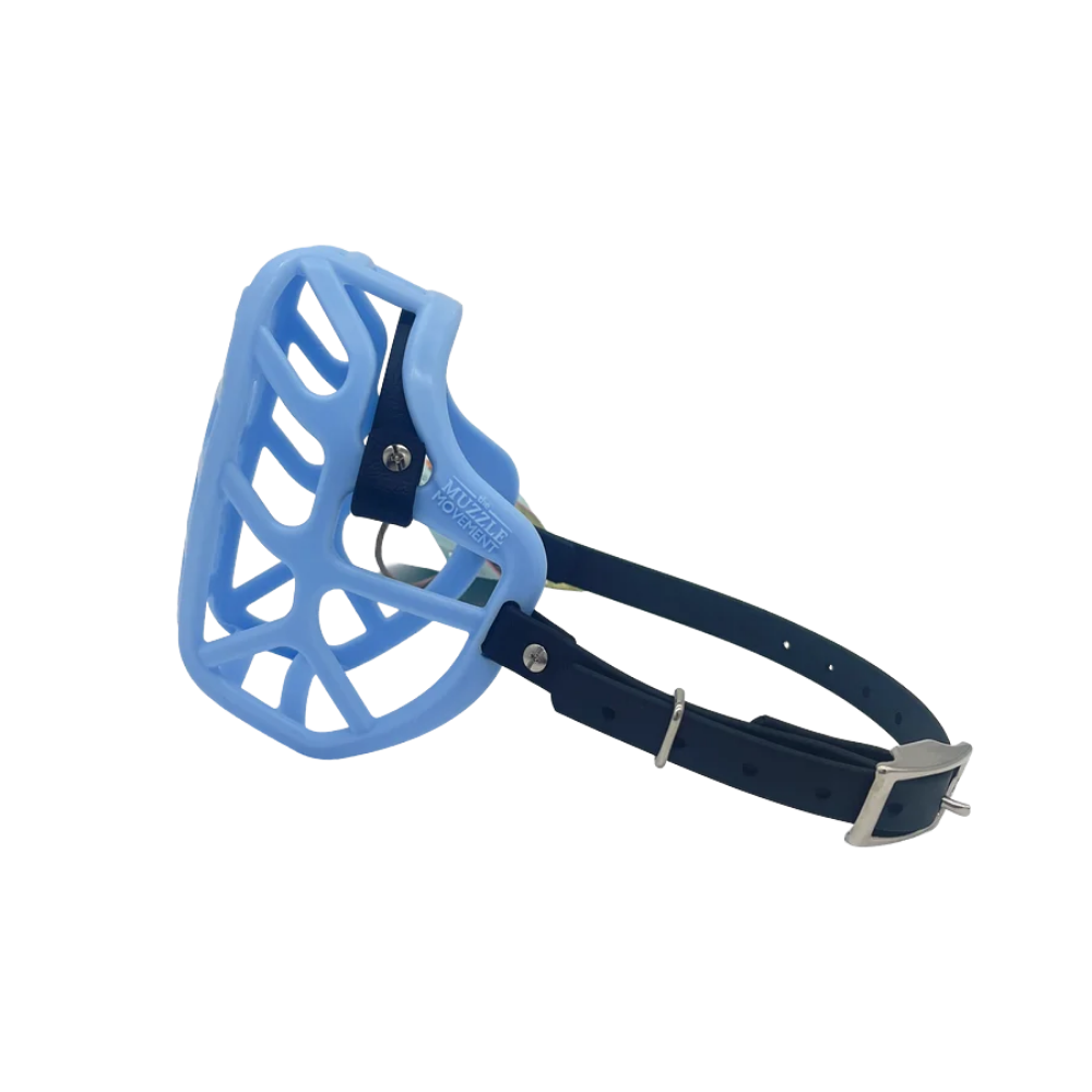 Mia - The Muzzle Movement Focinho de cão azul claro com tiras azuis escuras e fivela metálica