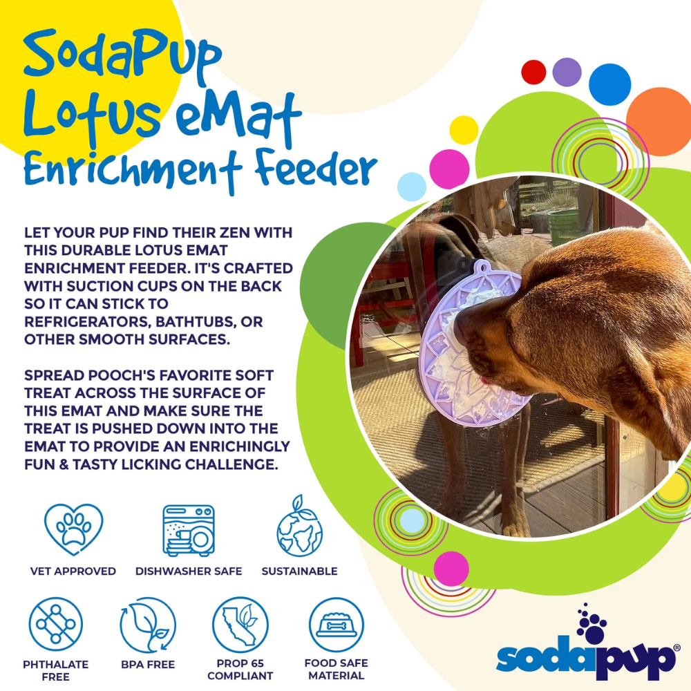 Tapete Lotus eMat Enrichment Lickmat com ventosas Comedouro para cães lilás com ventosas SodaPup Lotus eMat em porta de vidro, cão lambendo sobre ele.