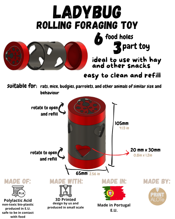 Joaninha Rolling Foraging Toy Brinquedo Ladybug para roer e forragear cinza e vermelho com buracos e dimensões indicadas