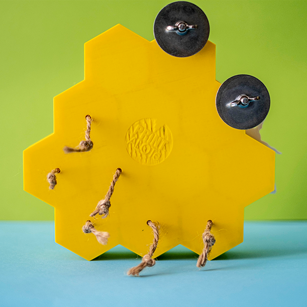 Honeycomb foraging toy Produto amarelo hexagonal com cordas e ventosas pretas num fundo verde e azul