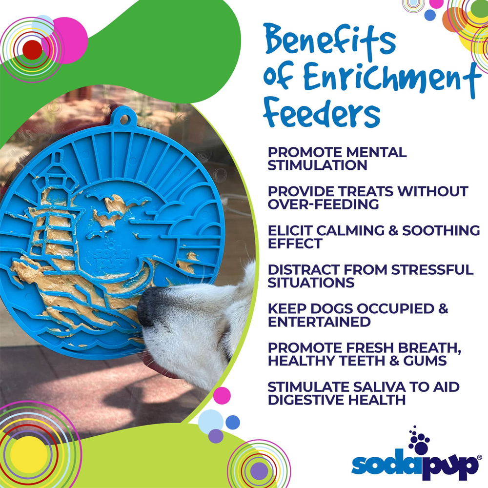 Tapete de lamber Lighthouse eMat! LickMat Alimentador de enriquecimento azul com relevo em forma de morcegos e cão a lamber