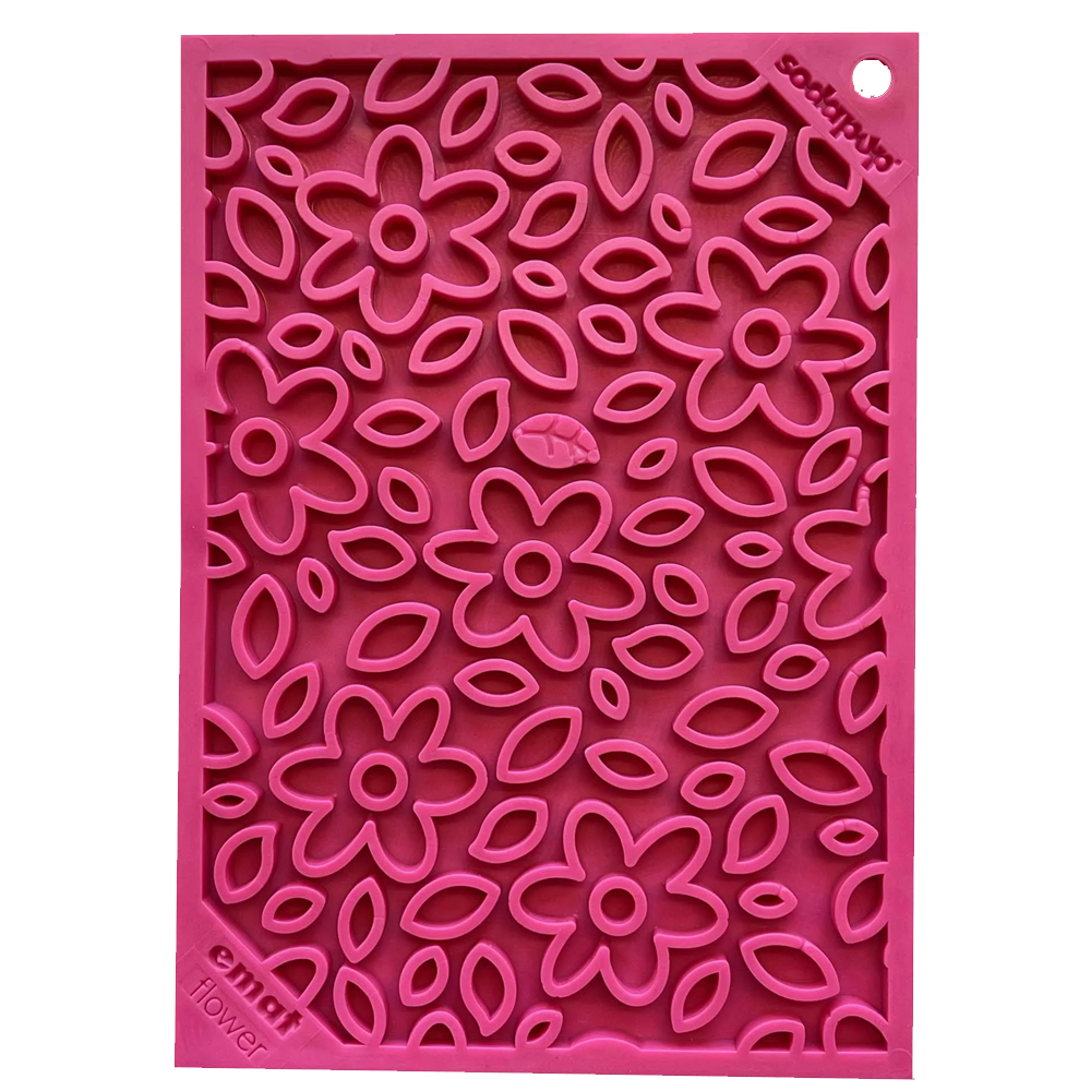 Tapete de lamber Flower Power eMat! LickMat Tapete de silicone rosa com padrão floral e texto smallpegs e emart flower