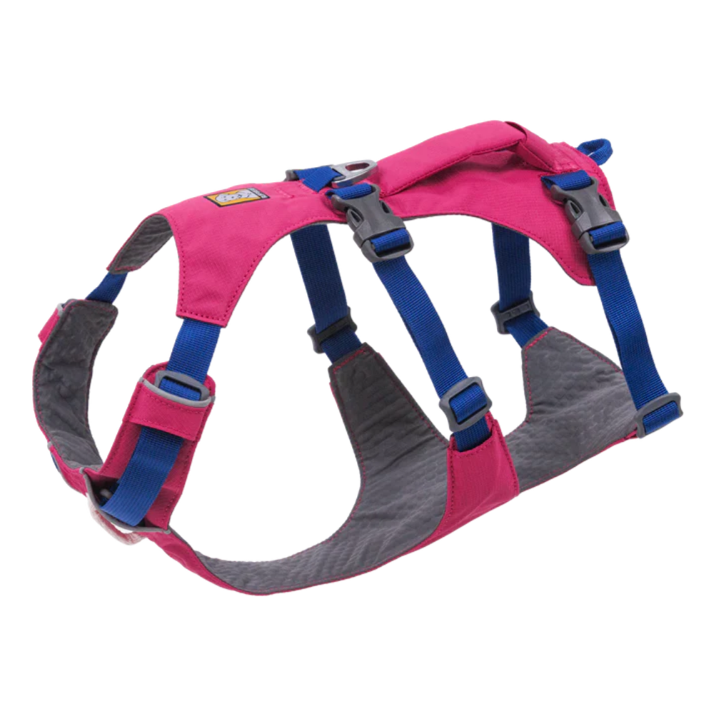 Flagline™ Dog Harness with Handle - Alpenglow Pink - Ruffwear Peitoral cão rosa com tiras azuis e acolchoado cinza
