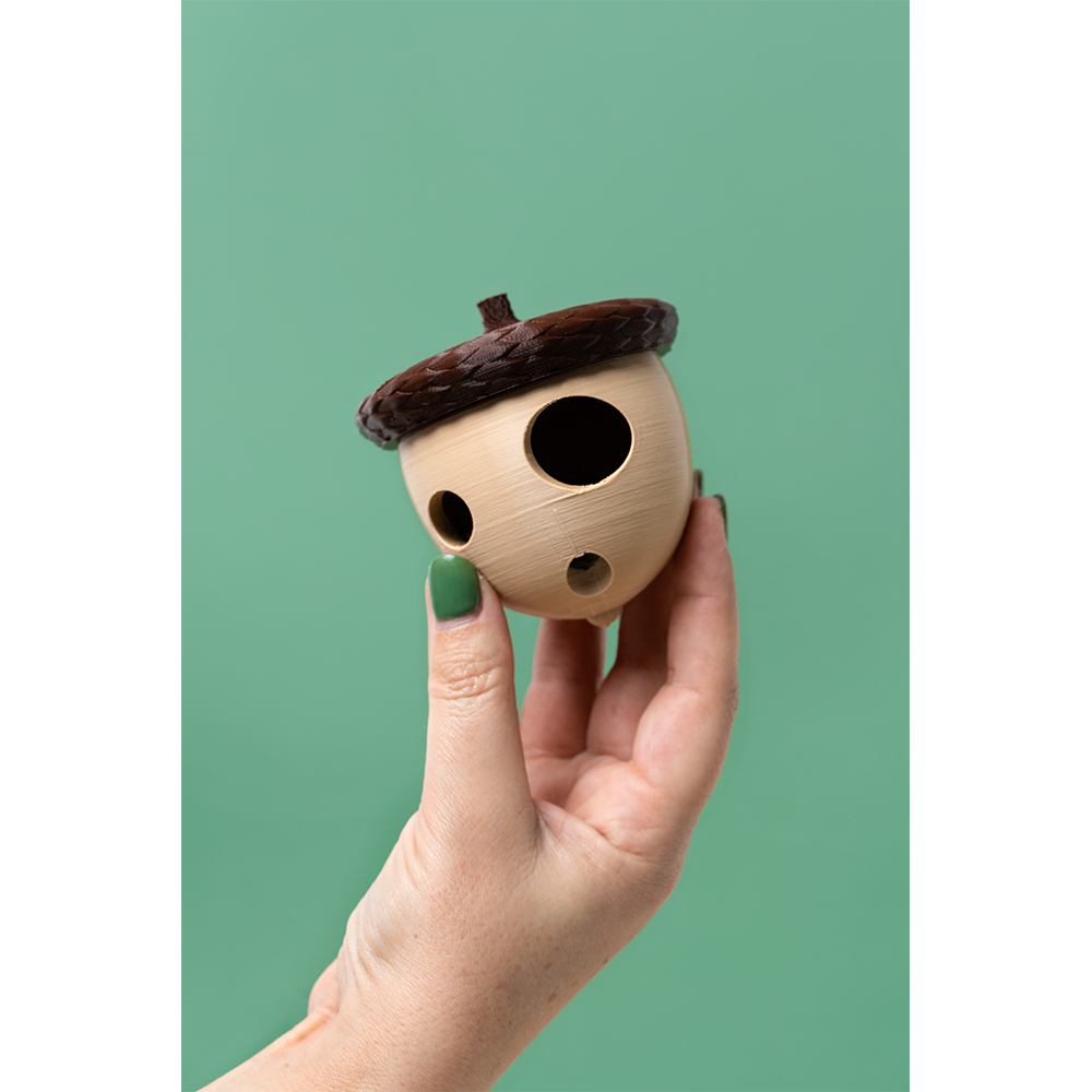 Rolling Acorn Comedouro de madeira em forma de bolota segurado por mão com unha verde