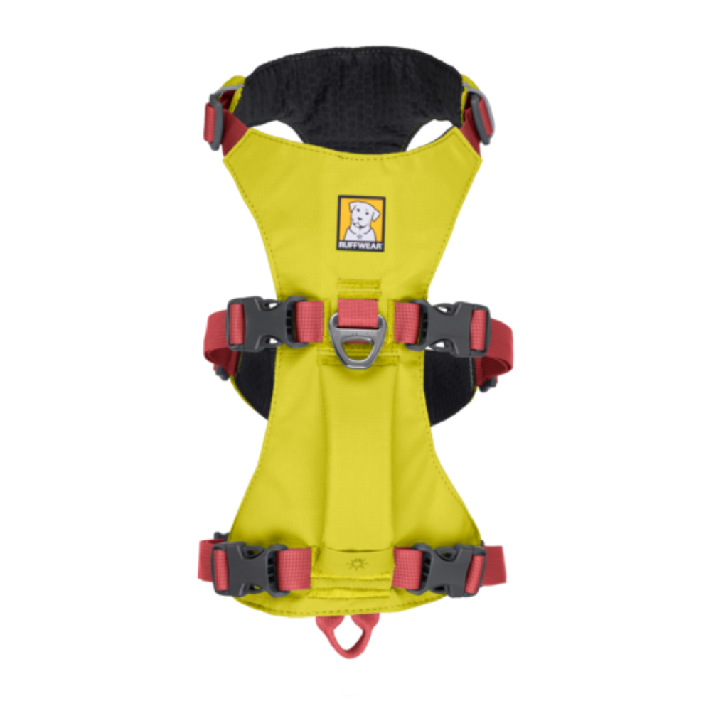 Flagline™ Dog Harness with Handle - Lichen Green - Ruffwear peitoral amarelo para cão com detalhes vermelhos e pretos