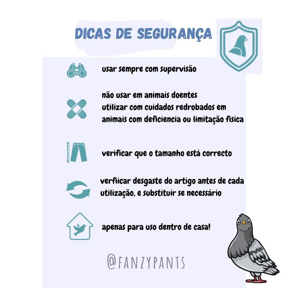 Calças higienicas para Pombos - Pombinhos - Fanzy Pants Dicas de Segurança em português com ícones e desenho de pombo cinzento