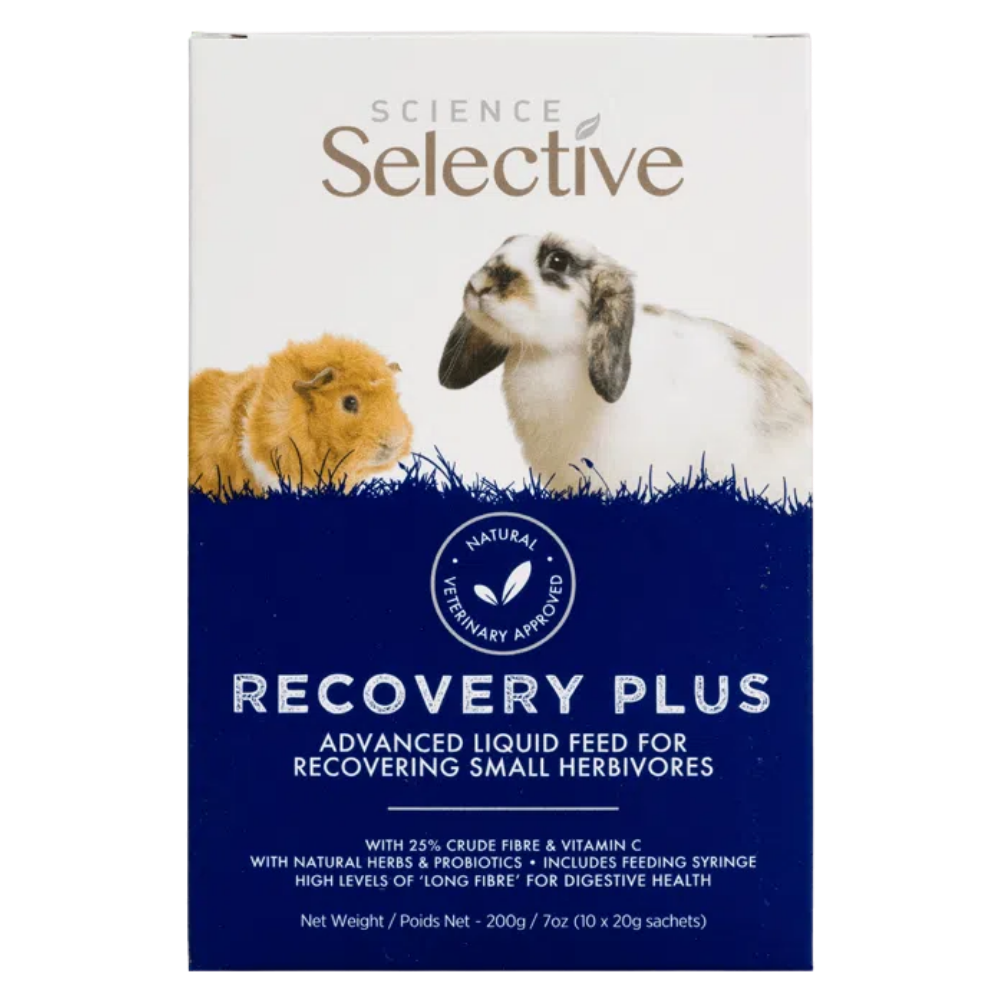 Science Selective Recovery PLUS - Liquid Feed - Alimentação liquida de recobro Caixa com suplemento alimentar líquida para pequenos herbívoros com imagens de coelho e porquinho-da-índia