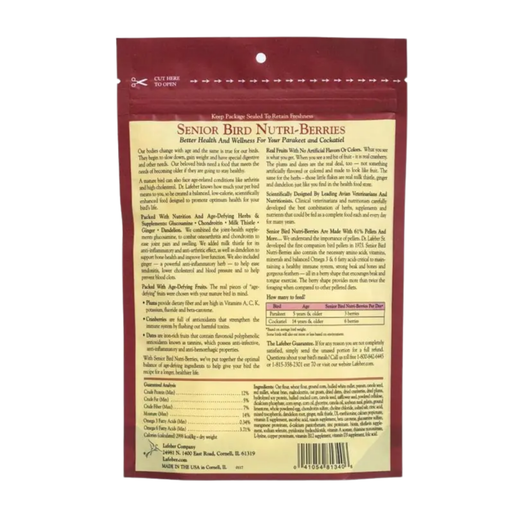 Lafeber Nutri-Berries Senior - Caturra Pacote de alimento para pássaros Senior Bird Nutri-Berries com texto detalhado.
