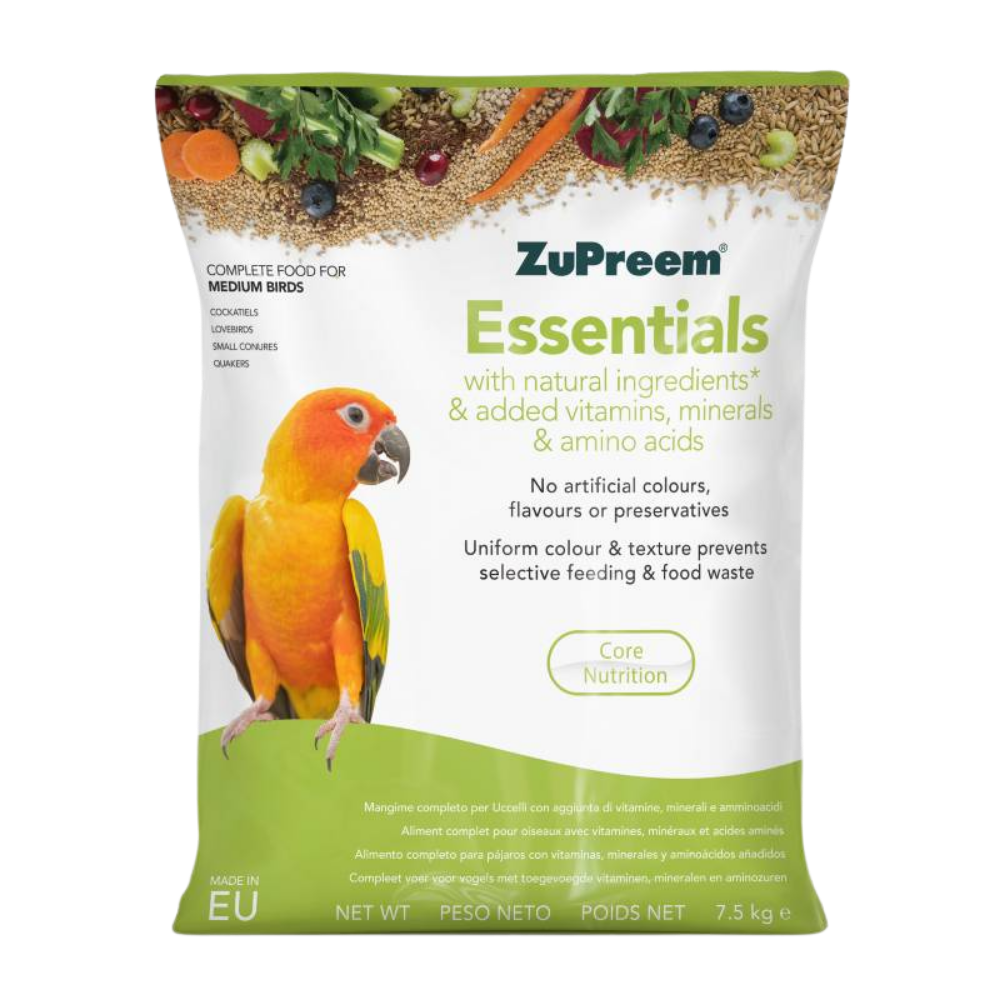 Zupreem Essentials - Medium birds - aves médias Embalagem alimento pássaros médio ZuPreem Essentials com pássaro laranja e amarelo