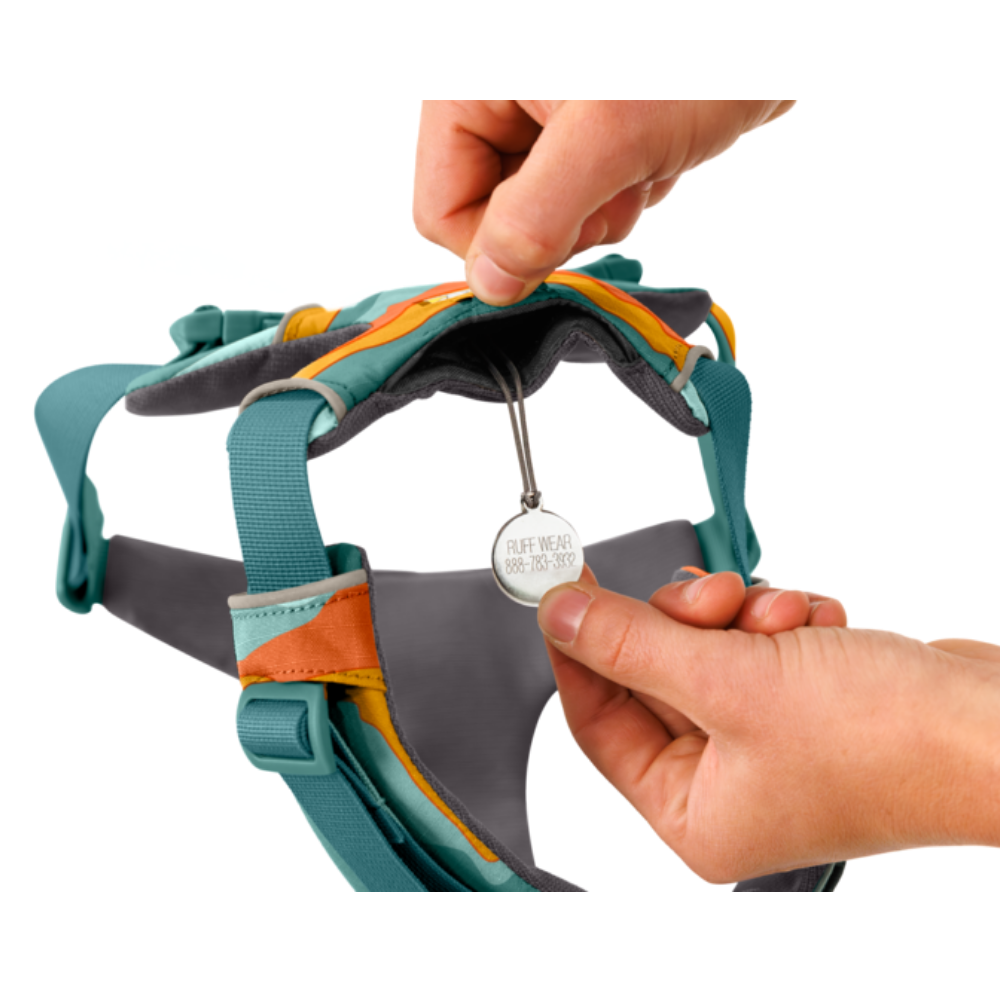 Front Range® Dog Harness - Spring Mountains - Ruffwear Coleira ajustável para cães azul, laranja e cinza com etiqueta metálica e alças ajustáveis