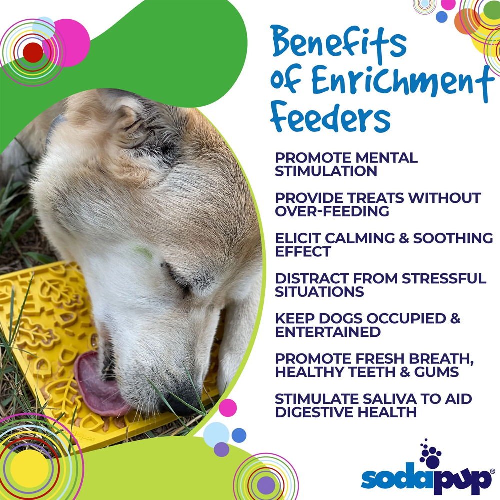 Tapete para Lamber Outono eMat LickMat Cão a lamber comedouro amarelo com padrão, texto sobre benefícios dos comedouros