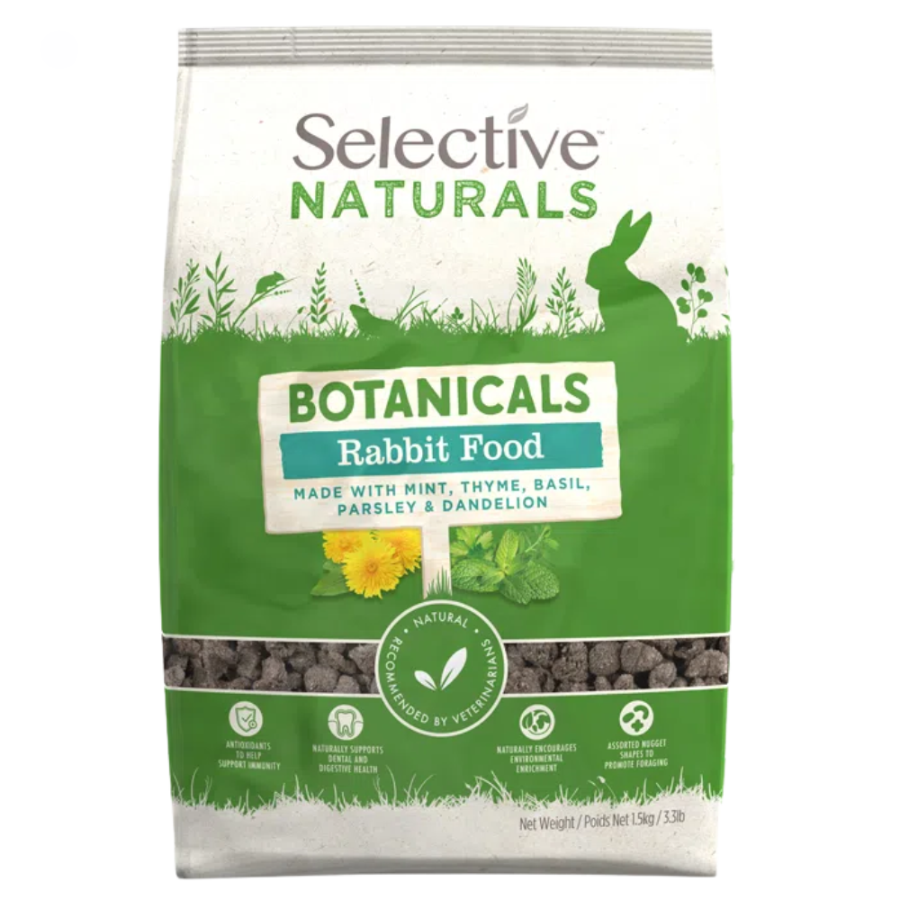 Selective Naturals Botanicals - Coelho Pacote verde e branco de comida para coelhos Selective Naturals com imagem de coelho e ervas