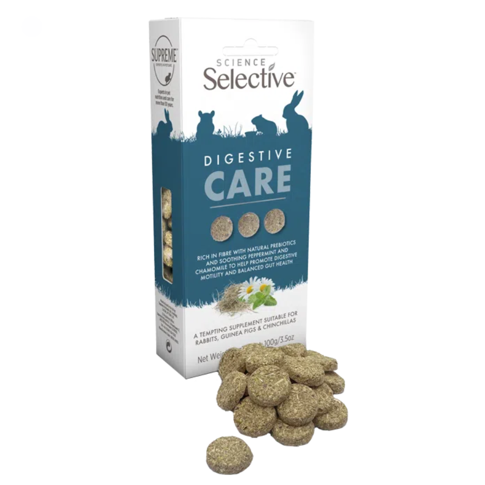 Selective Digestive Care - Suplemento para o sistema digestivo - 100g Suplemento digestivo para pequenos animais em caixa com pastilhas marrons.