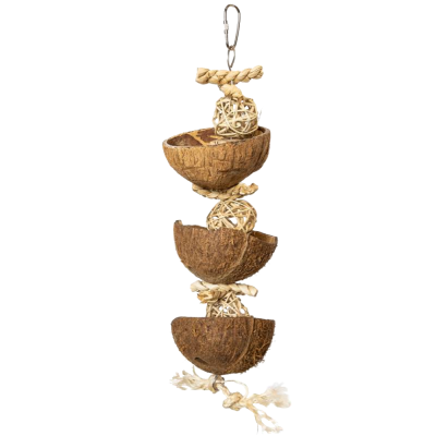 pendente com cascas de coco, bolas de palha e cordas naturais com gancho metálico