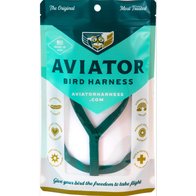Embalagem de arnês verde para pássaros AVIATOR com várias características impressas e design moderno