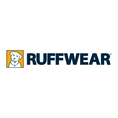 Logotipo da marca RUFFWEAR em fundo preto com ícone de cão