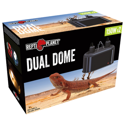 Embalagem com aparelho preto Repti Planet Dual Dome e lagarto castanho