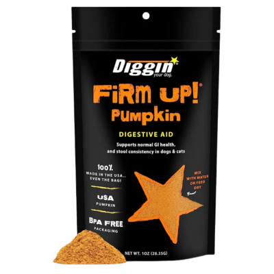 Pacote preto do suplemento em pó Firm Up Pumpkin para cães e gatos.