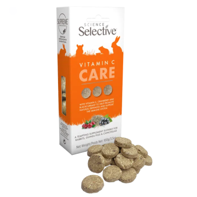 Suplemento alimentar em tabletes para pequenos roedores e embalagem com texto