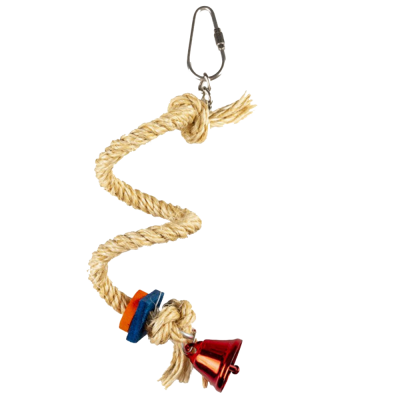 Brinquedo para aves com corda torcida, anéis coloridos e sino vermelho