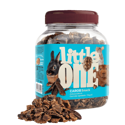 Frasco de petisco para roedores com pedaços de alfarroba e imagens de animais no rótulo