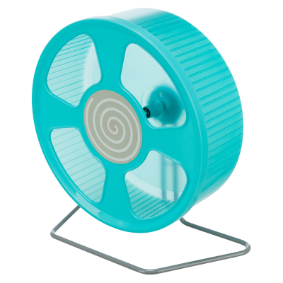 Roda de exercício azul-turquesa para pequenos animais com suporte metálico