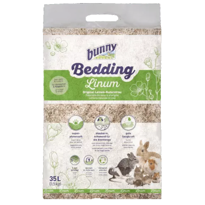 Saco de cama Bunny Bedding Linum para animais com imagens de coelhos e texto informativo.