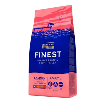 Embalagem de ração para cães Fish4Dogs Finest cor azul e rosa.